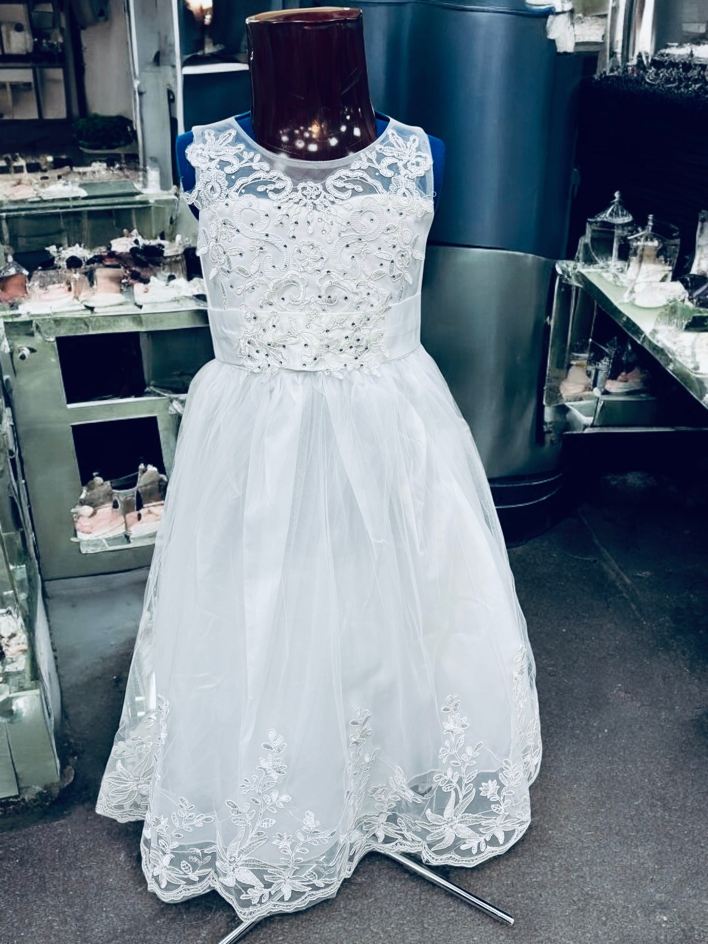 Lace bodice communion dress with scalloped hem