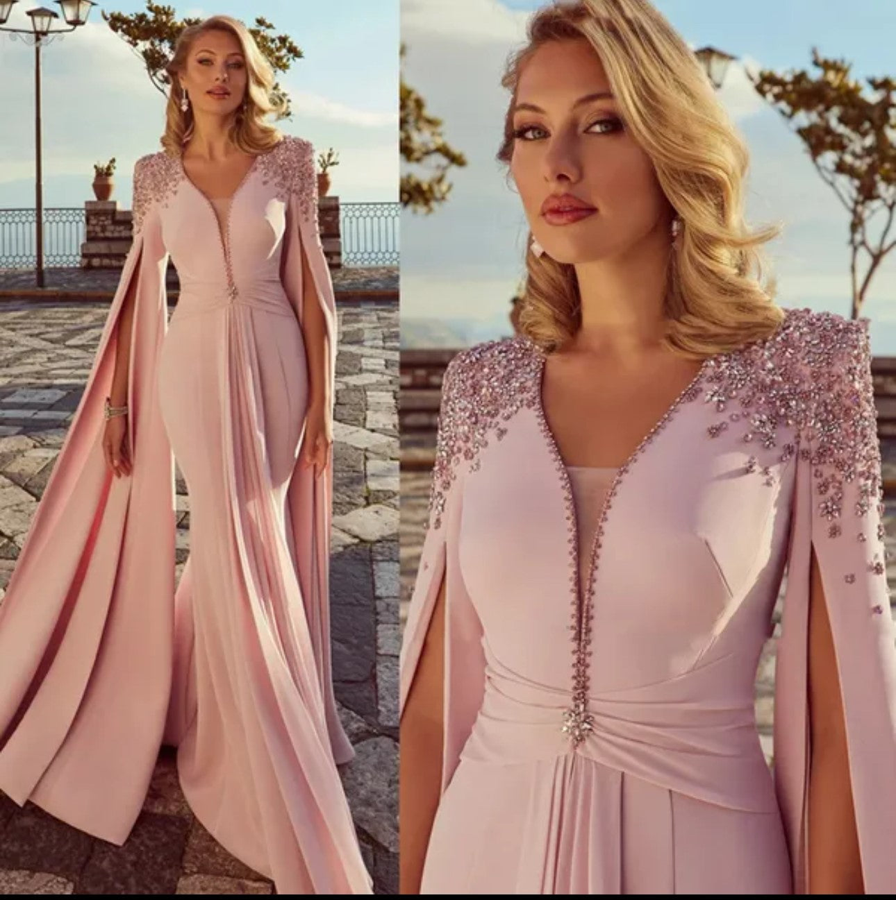 Blush Crystal Cape Gown