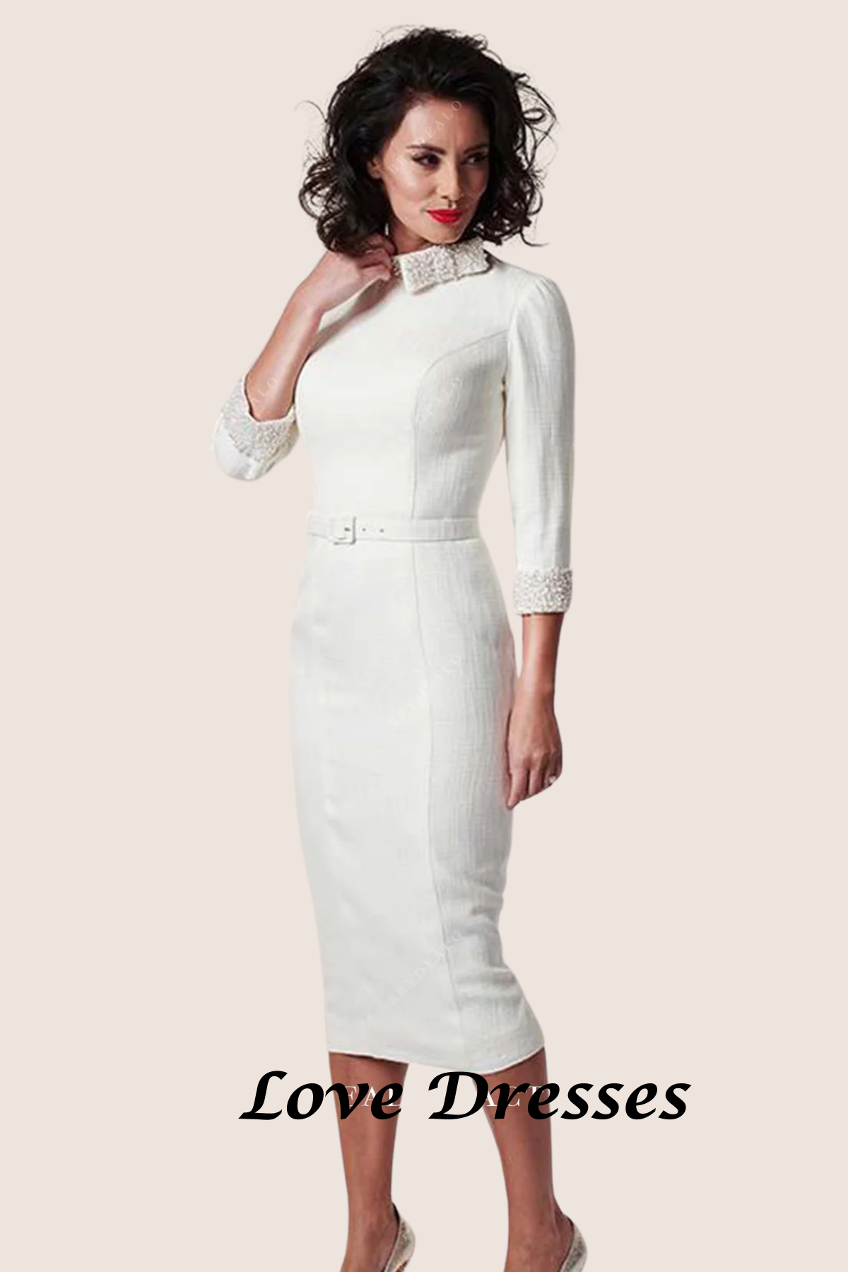 Lady Verity – Ivory Pencil Dress with Beaded Neckline