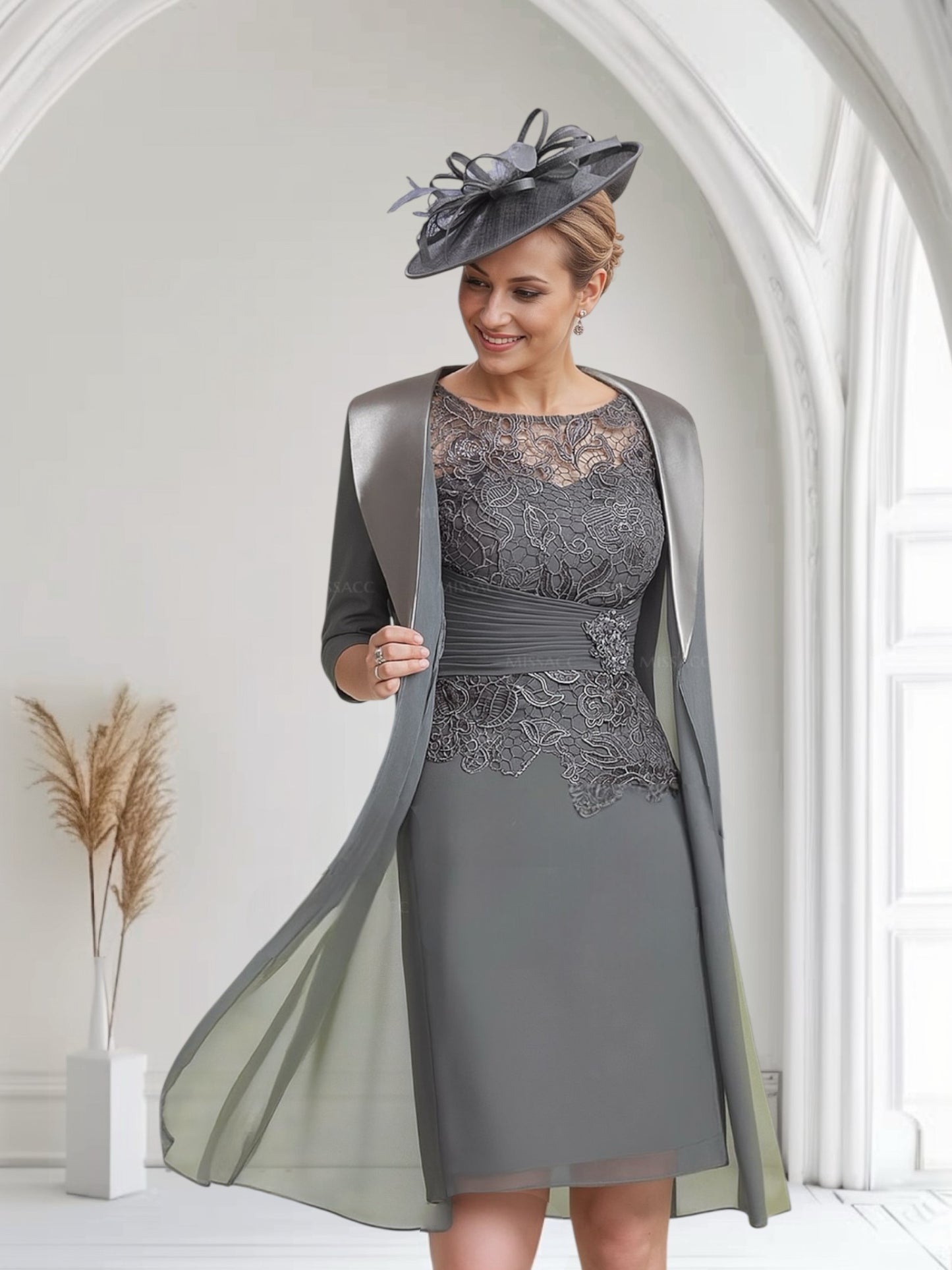 Charcoal Lace & Chiffon Jacket Dress