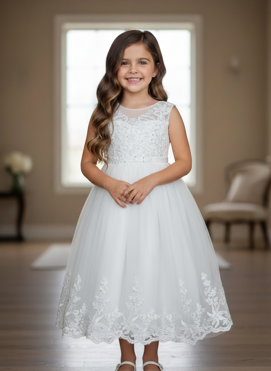 Lace bodice communion dress with scalloped hem