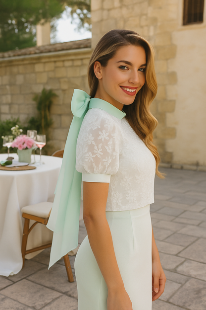 High neck Overlay with satin collar & bow detail.