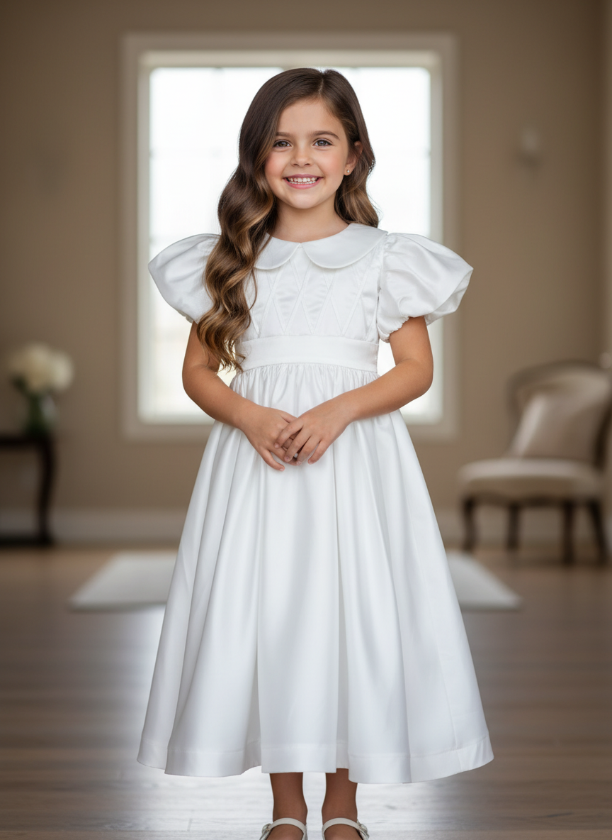 Charming satin communion dress with a Peter Pan collar