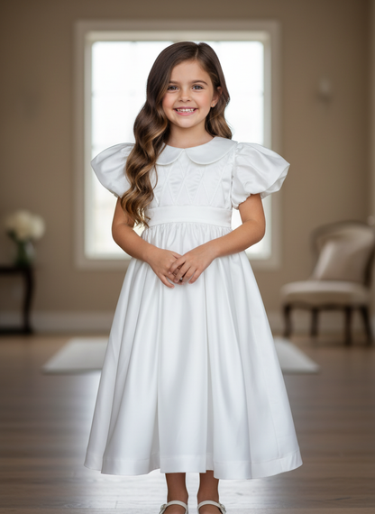 Charming satin communion dress with a Peter Pan collar