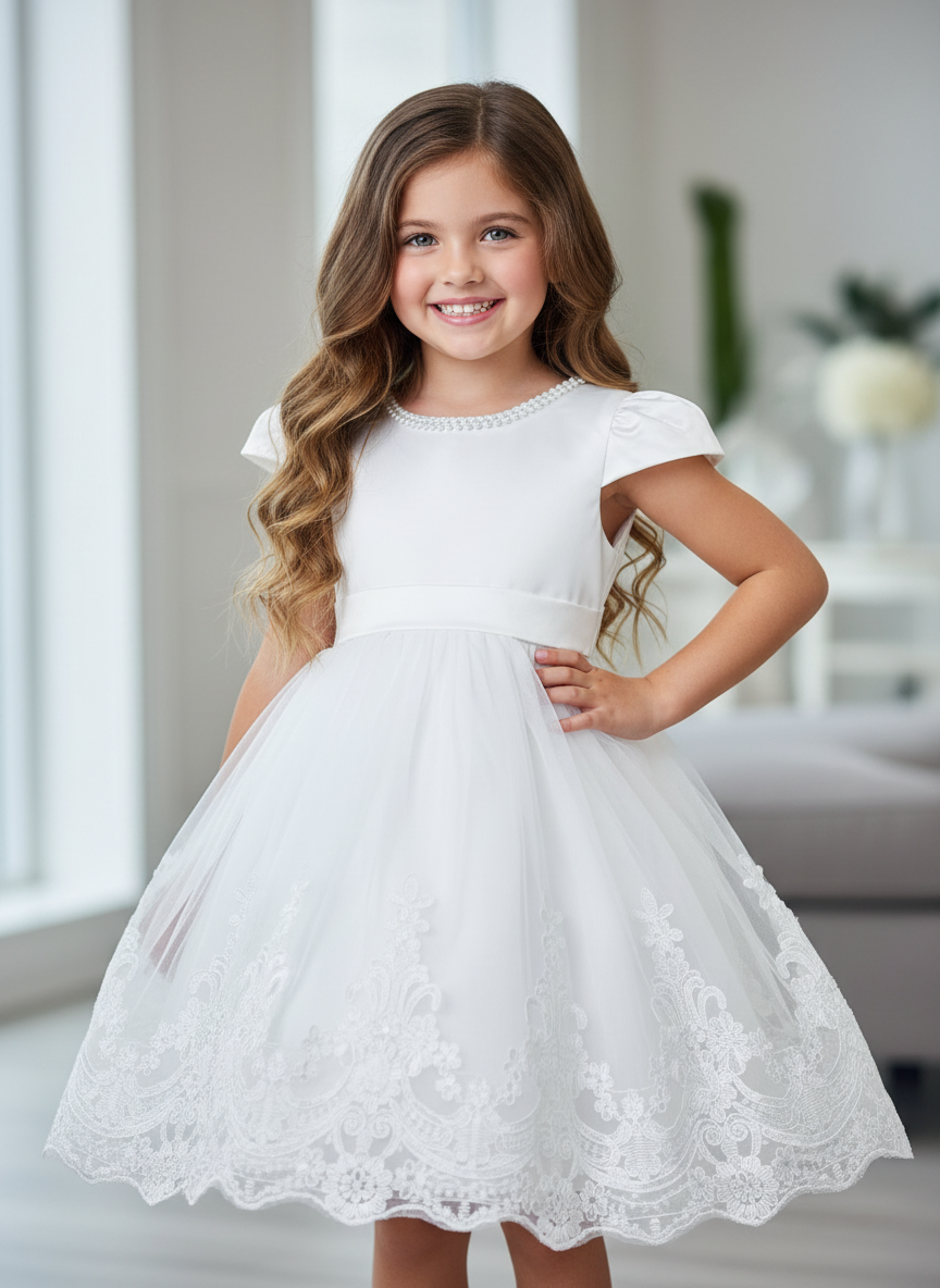 A knee length delight communion dress