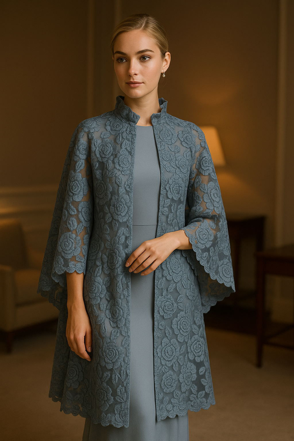 Beaded Overlay with pearl detail.