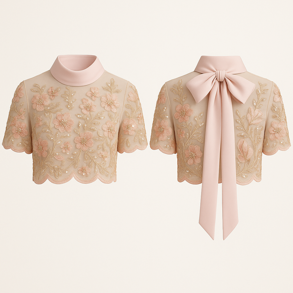 High neck Overlay with satin collar & bow detail.