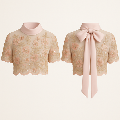 High neck Overlay with satin collar & bow detail.