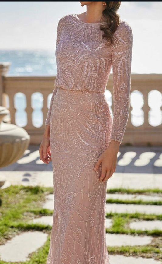 Blush Beaded Long Sleeve Gown