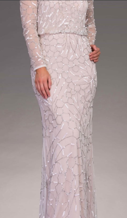 Silver Sequin Long Sleeve Gown