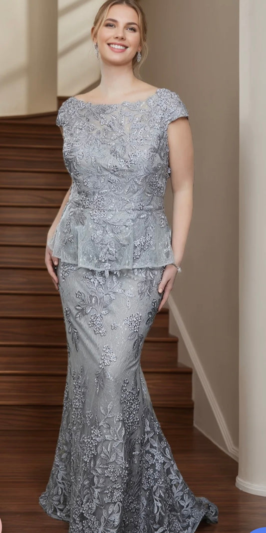 Silver Embroidered Peplum Gown
