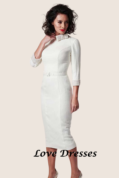 Lady Verity – Ivory Pencil Dress with Beaded Neckline