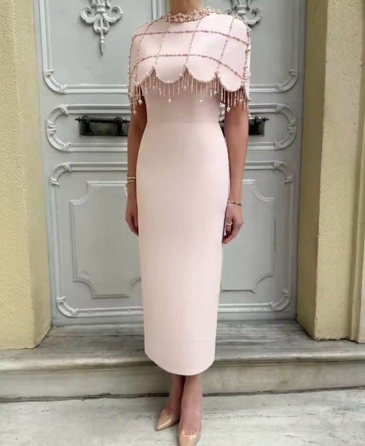 Blush Beaded Cape Midi Dress