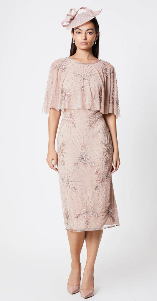 Blush Beaded Cape Midi Dress