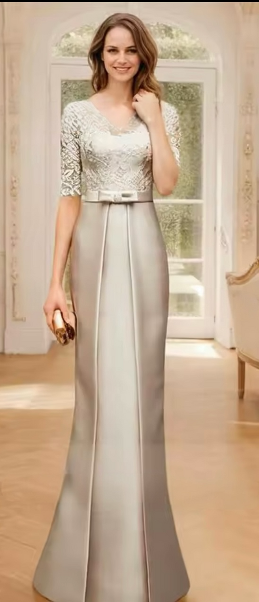 Champagne Gold Lace &amp; Satin Column Gown
