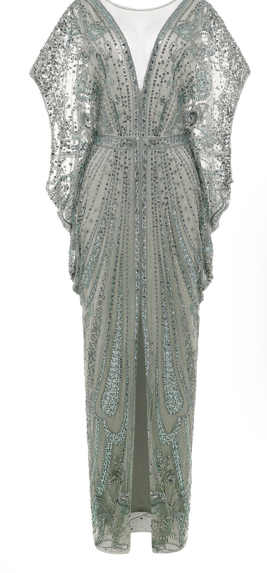 Silver Sage Sequin Cape Gown